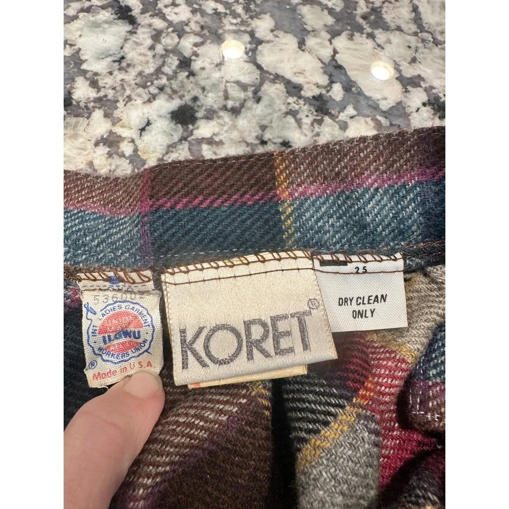 Vintage Koret Plaid Wool Blend Midi Skirt Burgundy Teal Made in USA Size 25 inch